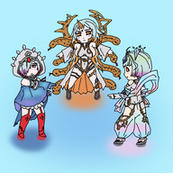 3girls artist:unknown chibi colored colorist:waitingforgames fire_emblem gullveig kvasir meme parody pointing seidr third-party_coloring // 3000x3000 // 2.2MB