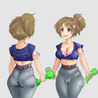 1girl artist:harddegenerate ass brown_eyes brown_hair chubby colored dumbbell flower from_behind hair_ornament idolm@ster kanako_mimura ponytail sweat thick thick_thighs // 2900x2900 // 3.5MB