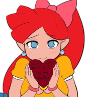 1girl blue_eyes bow bracelet brown_hair colored earrings happy heart lip looking_at_viewer panel_de_pon pointy_ears ponytail smile text valentine valentines_day // 758x850 // 175KB