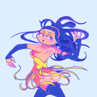 1girl ass blue_hair boots bottomless colored dancer dancer_(dragon_quest) dancer_(dragon_quest_viii) dancing dragon_quest dragon_quest_viii earrings headband long_hair looking_back thigh_high_boots // 1500x1500 // 878KB