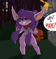 1girl artist:coolstylefag background bandages bottomless colored league_of_legends noxus_poppy pointy_ears poppy purple_hair red_eyes sarashi sharp_teeth speech_bubble text twintails // 1375x1452 // 881KB