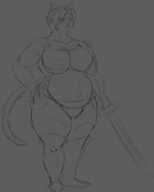 1girl anthro artist:unknown breasts chubby femhroth femroth final_fantasy final_fantasy_xiv furry hrothgar huge_breasts monochrome navel panties sketch sword traditional_medium tummy weapon // 2351x2937 // 1.3MB