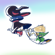 a_link_between_worlds ass blonde_hair blue_hair broom flying irene link smirk the_legend_of_zelda upskirt witch witch's_hat // 500x500 // 137KB