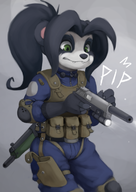 1girl artist:dogyd fingerless_gloves flashlight gloves green_eyes gun li_li_stormstout pandaren solo text warcraft world_of_warcraft // 851x1200 // 688KB