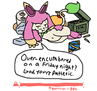 1girl ammo artist:unknown bag cake dialogue flopie insult insulting looking_at_viewer palworld seductive seductive_pose stone text // 2012x1897 // 379KB