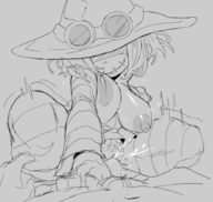 1boy 1girl areola areolae artist:knuxxxy breasts cowgirl_position femdom goggles hat huge_breasts looking_at_partner monochrome nipples onirism penis pussy pussy_juice ragg sex sketch vaginal // 884x836 // 125KB