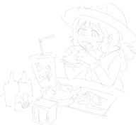 1girl artist:speakyfag burger eating frogun renata // 737x675 // 62KB