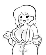 1girl artist:unknown blush breasts coffee_cup cup holding_object huge_breasts lineart mob_face monochrome mug smile smiling summertime_saga tagme // 514x608 // 32KB