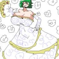 1girl artist:2hufag bouquet green_hair huge_breasts red_eyes sharp_teeth touhou wedding wedding_dress yuuka_kazami // 400x400 // 28KB