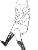 1girl artist:onion boots breasts cleavage flam_kish fuga_melodies_of_steel legs_crossed looking_down medium_breasts monochrome sketch thigh_high_boots // 1244x1635 // 427KB