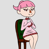 1girl animal_crossing bedroom_eyes brown_eyes chair coffee cup female_villager pink_hair ponytail sitting smile sweater villager // 1000x1000 // 187KB