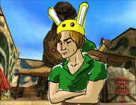 1boy artist:babazul background brown_hair bunny_hood colored crossed_arms link majora's_mask parody shield short_hair sword the_legend_of_zelda // 933x720 // 855KB