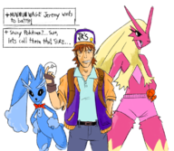 artist:redy4fredy_artfag blaziken colored cosplay five_nights_at_freddy's jeremy_fizgerald lopunny nintendo parody pokemon text toy_bonnie toy_chica // 1137x987 // 820KB