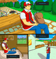 1boy 3koma artist:unknown bench claude_plays_pokemon comic meme parody pokemon red sitting thinking // 1110x1182 // 401KB