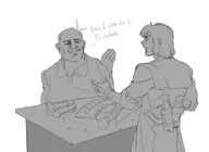 2boys artist:verytubtub bald crossover dante devil_may_cry dialogue gun monochrome pawn_stars richard_kevin_harrison short_hair sketch text weapon // 793x579 // 36KB