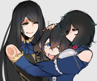3girls aradia artist:scas black_hair bloodstained bloodstained_ritual_of_the_night blue_eyes castlevania colored dress headpat hugging miriam night_of_revenge shanoa yellow_eyes // 793x663 // 400KB