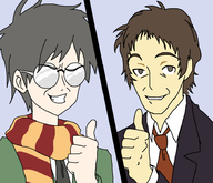 2boys adachi artist:gusgux brown_hair crossover glasses grey_hair katawa_shoujo kenji kenji_setou parody persona persona_4 reaction_image scarf short_hair suit thumbs_up tie tohru_adachi // 930x800 // 224KB