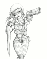 artist:ringwaul big_boss chie_satonaka cosplay crossover eating gun m1911 metal_gear_solid monochrome persona persona_4 short_hair smirk smt snake // 800x1000 // 277KB