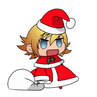 1girl 2018_padoru_collab bag blonde_hair blue_eyes chibi colored happy hat padoru sack sakura_igawa santa_hat santa_outfit short_hair smile taimanin taimanin_asagi // 1200x1200 // 277KB