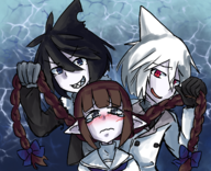 1girl 2boys artist:mellie black_hair blue_eyes braids brown_hair bullying colored grey_eyes grin pointy_ears red_eyes sad sal samekichi sharp_teeth tears wadanohara wadanohara_and_the_great_blue_sea white_hair // 1625x1317 // 2.2MB