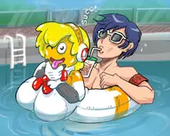 1boy 1girl aigis alternate_breast_size artist:bishopbb background blue_hair bow colored cup drinking emote inner_tube persona persona_(series) persona_3 pool protagonist robot robot_girl shin_megami_tensei short_hair text tongue wink // 1500x1192 // 371KB