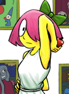 1girl anthology_of_the_killer apple arm_up armpit artist:unknown bb frame holding holding_object looking_at_viewer museum painting // 454x619 // 331KB