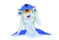 1girl arcana_heart artist:evilvileveil colored green_hair long_hair looking_at_viewer monster_girl pistrix pointy_ears shark_girl sharp_teeth yellow_eyes // 1130x785 // 297KB