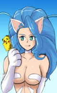 1girl artist:tri_electron darkstalkers felicia ice_cream pikachu pokemon // 1300x2100 // 1.7MB