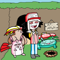 1boy artist:unknown cave claude_plays_pokemon colored entrance eye_bags grass hole ivysaur pidgeot pokemon red red_eyes sign tagme text tired wigglytuff // 600x600 // 13KB