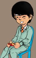 artist:sunshine_memoir colored game_center_cx grin shinya_arino sitting younger // 456x735 // 180KB