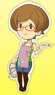 1girl alternate_hairstyle apron black_eyes brown_hair brush bucket colored glasses nikki nintendo short_hair smile swapnote // 333x576 // 99KB