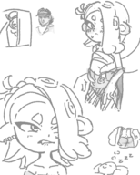 1girl 2boys artist:unknown ass biting_lips clothes dreaming monochrome multiple_poses octoling sexy shiver sketch sleeping splatoon splatoon_3 thought_bubble // 2500x3125 // 361KB