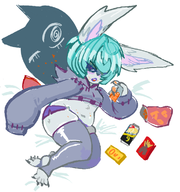 1girl artist:2x bed blush colored food league_of_legends navel tagme thigh_highs tummy vex yordle // 675x720 // 143KB