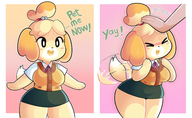 1girl 2koma animal_crossing anthro artist:onigiri_punch breasts colored dialogue furry huge_breasts isabelle petting skirt text text_dialogue uniform // 3835x2365 // 2.5MB