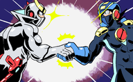 2boys artist:netto casshern colored crossover green_eyes handshake mega_man_(series) mega_man_battle_network megaman.exe neo-human_casshern parody // 1863x1149 // 976KB