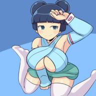 1girl artist:iggy_bomb blue_eyes blue_hair colored hair_bun huge_breasts senran_kagura smile thigh_highs yozakura // 2000x2000 // 797KB