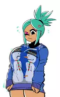 1girl artist:gerard_burn black_eyes cerebella christmas colored dark_skin green_hair ponytail skullgirls snowman sweater undersized_clothes // 984x1584 // 757KB