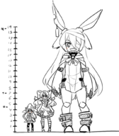 3girls animal_ears artist:chaikodog blush boots bow chart doll giant giantess gloves hat height_chart height_comparison little_witch_nobeta long_hair monica_(little_witch_nobeta) monochrome nobeta sharp_teeth sketch stockings striped_stockings // 887x1015 // 389KB