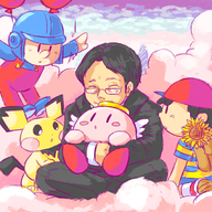 artist:kiwi balloon_fight clouds colored earthbound heaven iwata kirby kirby_(series) mother_(series) ness nintendo pichu pokemon satoru_iwata // 700x700 // 513KB