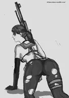 1girl all_fours artist:drhawaiiano crawling gun looking_back metal_gear_solid_v mgsv mimi monochrome quiet sniper_rifle // 1353x1906 // 797KB