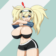 ! 1girl artist:iggy_bomb blonde_hair blue_eyes bursting_breasts cameltoe colored gambier_bay headband kantai_collection pubic_hair tears twintails undressing // 2000x2000 // 727KB