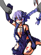 1girl artist:mellie black_eye blood blue_eyes blush braids bruise bullying colored crying dress elbow_gloves gloves hair_ornament hyperdimension_neptunia neptune purple_hair purple_heart scissors torn_clothes // 1668x2224 // 1.3MB