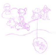 4girls artist:harrace cuckoo fish fishing hikage hungry_girl misty pokemon pokemon_rby senran_kagura the_legend_of_zelda touhou wakasagihime zelda_the_wand_of_gamelon // 1557x1541 // 551KB