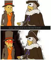 2boys black_eyes brown_hair coin colored comic hat hershel_layton jean_descole money professor_layton shaking short_hair sweat text // 1059x1231 // 113KB