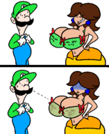 1boy 2girls 2koma artist:unknown boo bowtie bra breasts cleavage comic hand_on_hips huge_breasts luigi mustache navel princess_daisy shocked smug super_mario surprised transparent transparent_clothing tummy // 538x657 // 22KB