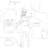 aigis apron artist:sealguy bimbo cooking fire housewife huge_breasts persona_(series) persona_3 shin_megami_tensei // 1931x1866 // 485KB