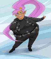 1girl alfred_matthew_yankovic artist:bishopbb blue_eyes colored cosplay earrings fat pointy_ears purple_hair shantae shantae_(series) wayforward weird_al // 1400x1634 // 280KB