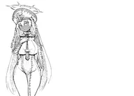 1girl artist:unknown dark_skin Enikk halo hat long_hair monochrome nikke // 1600x1152 // 382KB