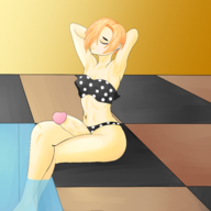 1girl armpit artist:shock1ng_blue bikini blonde_hair colored dolm@ster futanari koume_shirasaka penis pool short_hair sitting solo // 4000x4000 // 3.8MB