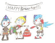 3girls aigis artist:boneyt birthday cake colored labrys metis persona persona_(series) persona_3 present // 1938x1495 // 2.1MB
